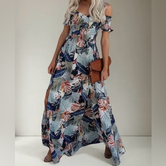 Aakaa Dresses & Skirts - AAKKA - Smocked Floral Off-Shoulder Maxi Dress